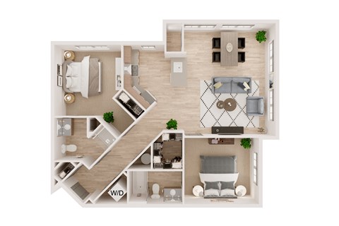 Floor plan for 2 beds, 2 baths, 1068 sqft